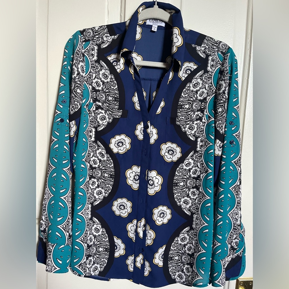 Express Blue And Teal Patterned Button Down Shirt - image 1